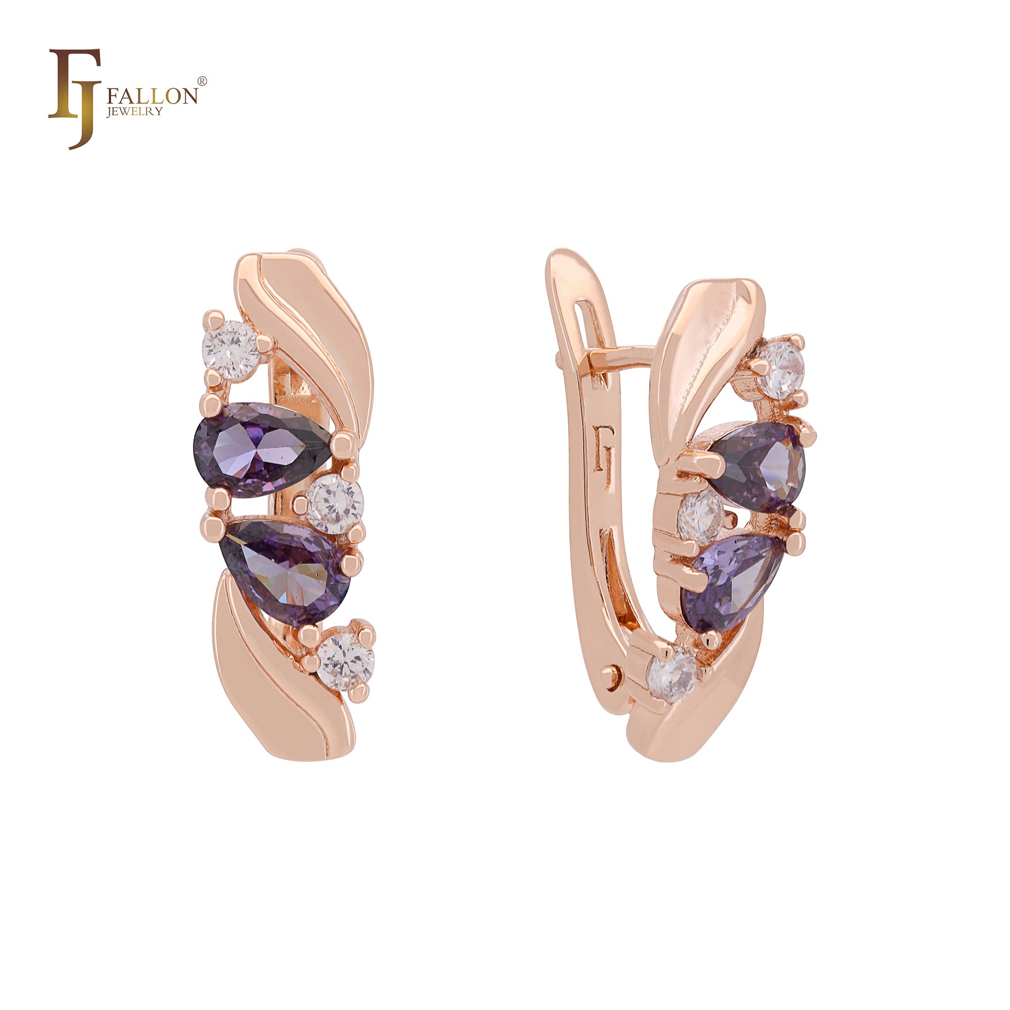 Leaves of mixed purple white CZs cluster Rose Gold Russian Lock Earrings