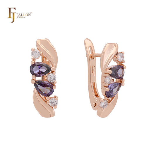 Leaves of mixed purple white CZs cluster Rose Gold Clip-On Earrings