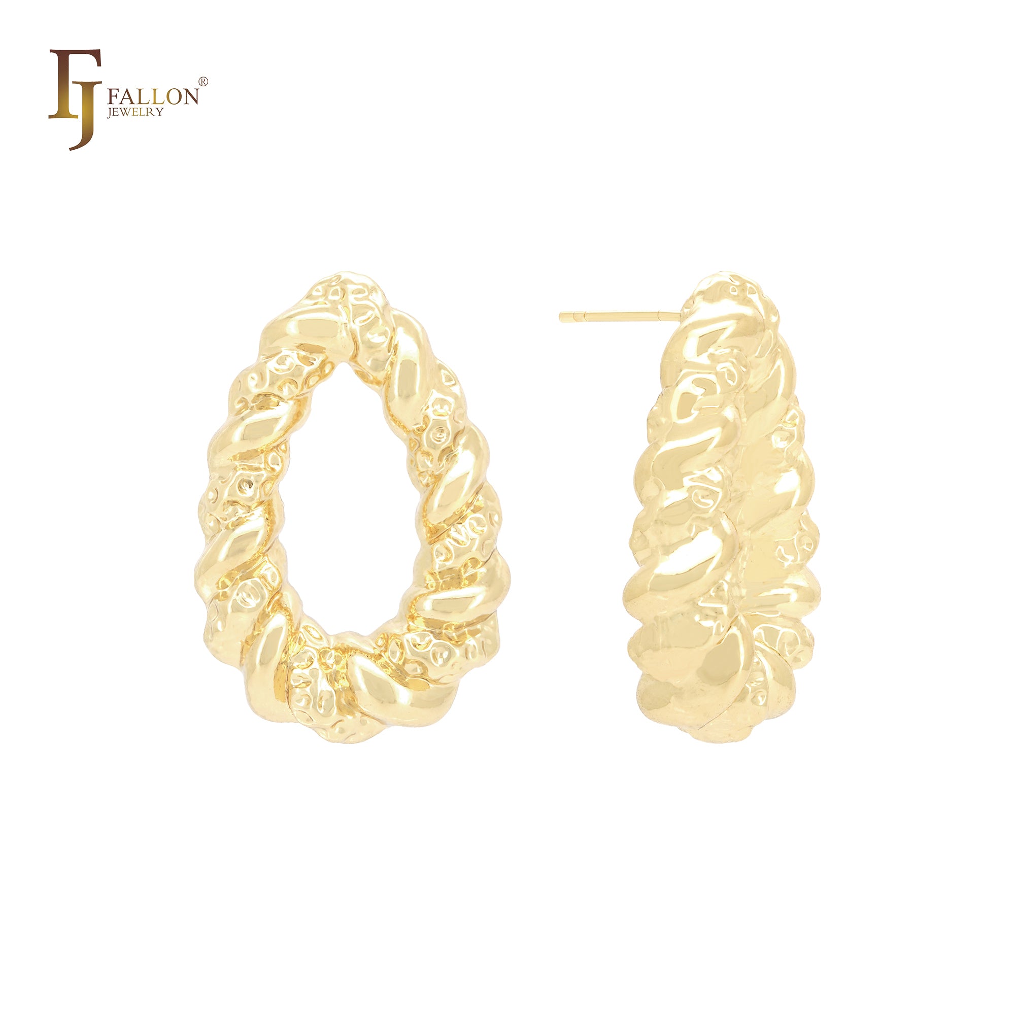 Pendientes tipo lágrima de oro de 14 quilates, oro rosa y oro blanco con textura irregular.