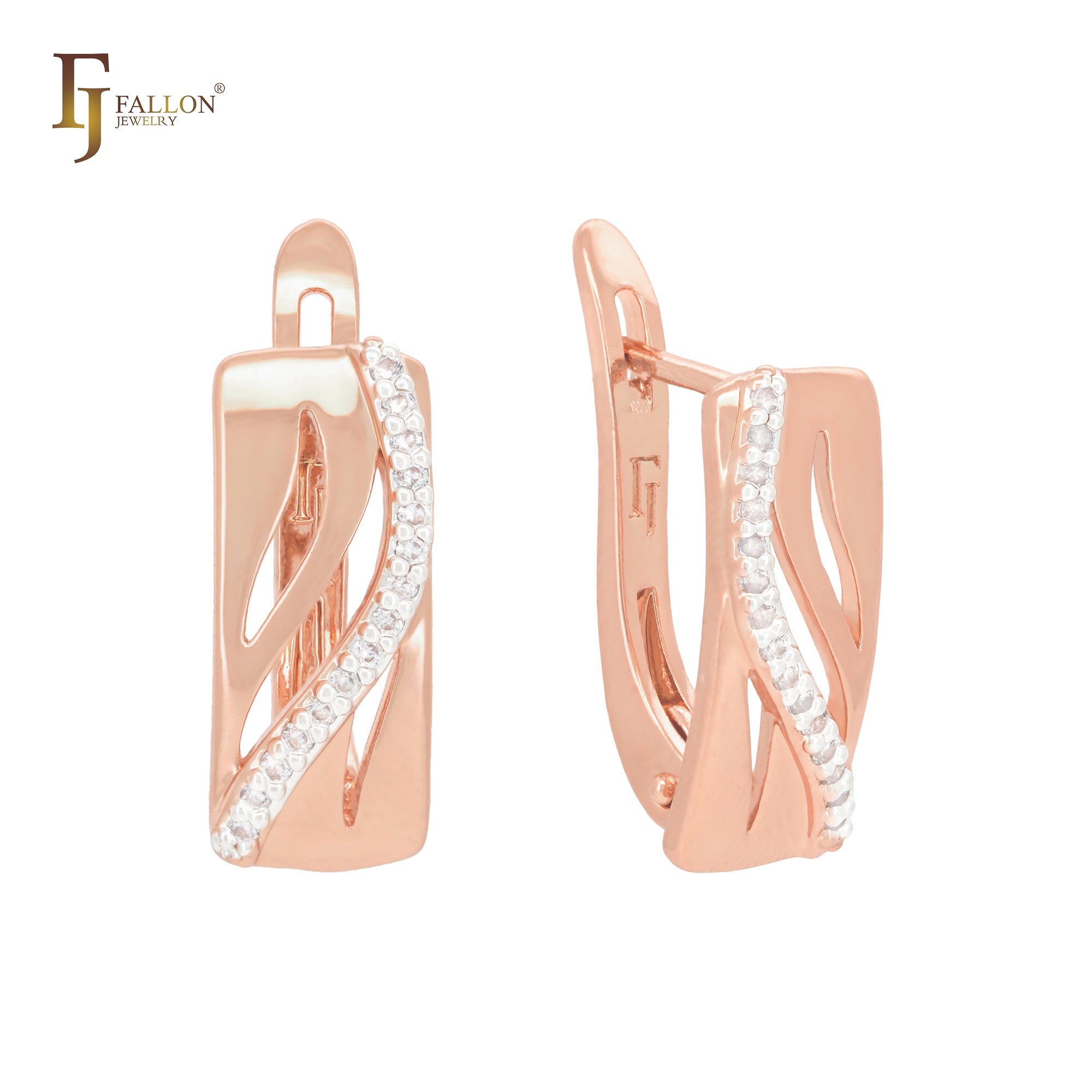 Elegant band of white CZs Rose Gold two tone Russian Lock Earrings