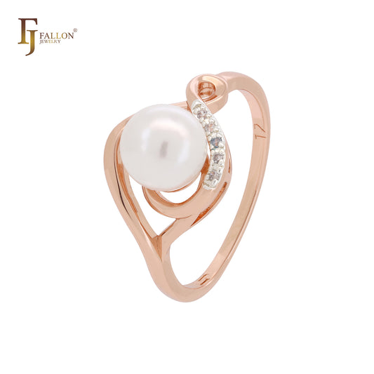 Anillos de compromiso minimalistas de oro rosa en dos tonos con perla y circonitas blancas