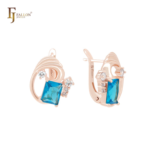 Wave of white CZs Solitaire Blue CZ 14K Gold, Rose Gold Clip-On Earrings
