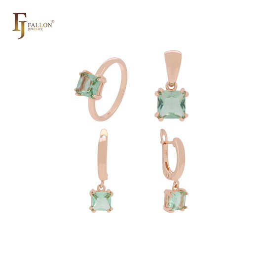 Conjunto de joyas de oro rosa solitario con corte cojín verde manzana con anillos y colgante