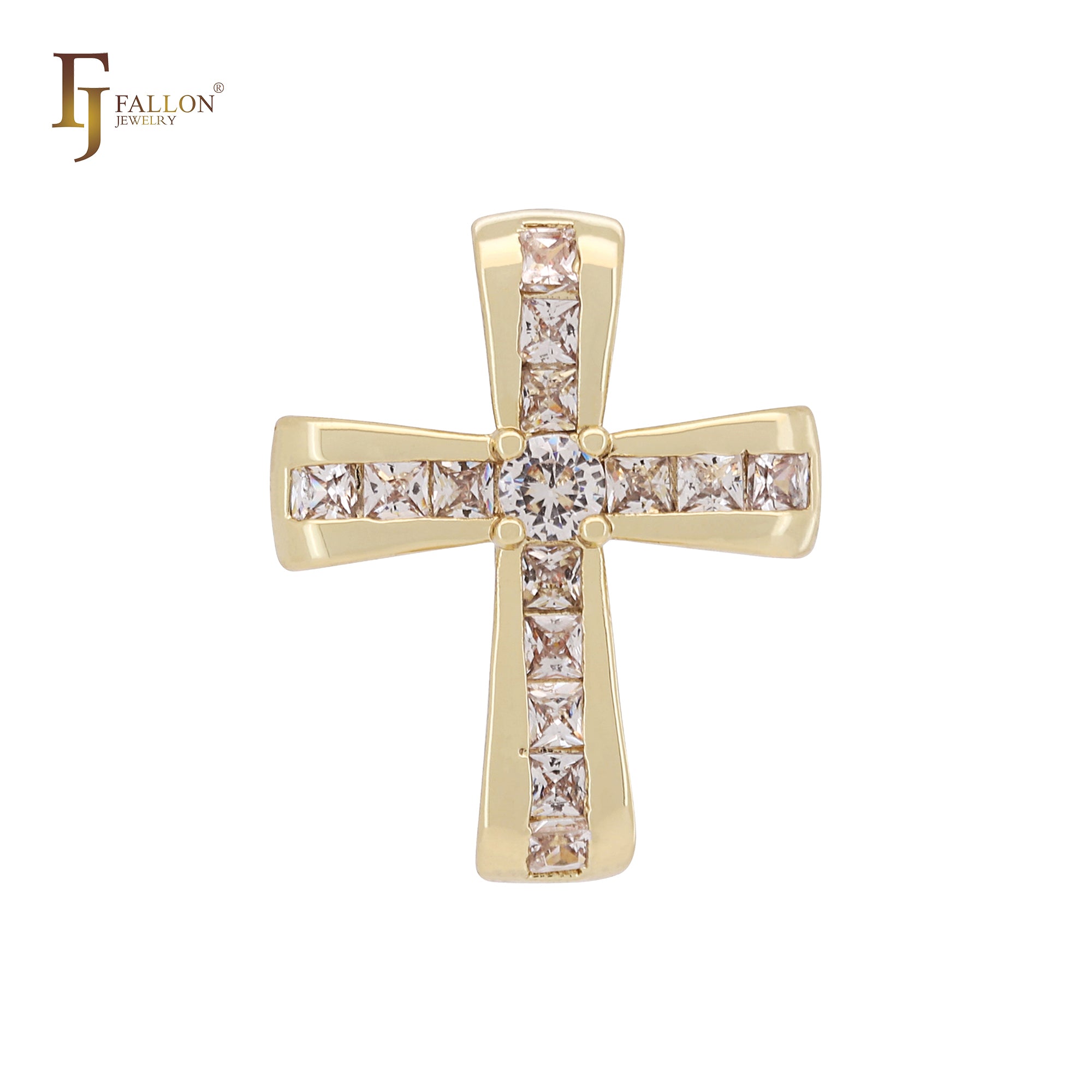 Latin Style Cluster White Baguette CZs 14K Gold Cross Pendant