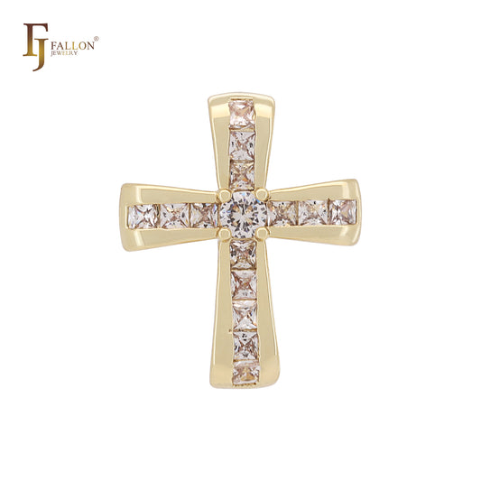 Latin Style Cluster White Baguette CZs 14K Gold Cross Pendant