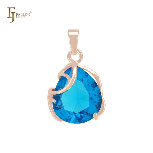 Solitaire teardrop shaped Big Lake Blue CZ Rose Gold Pendant