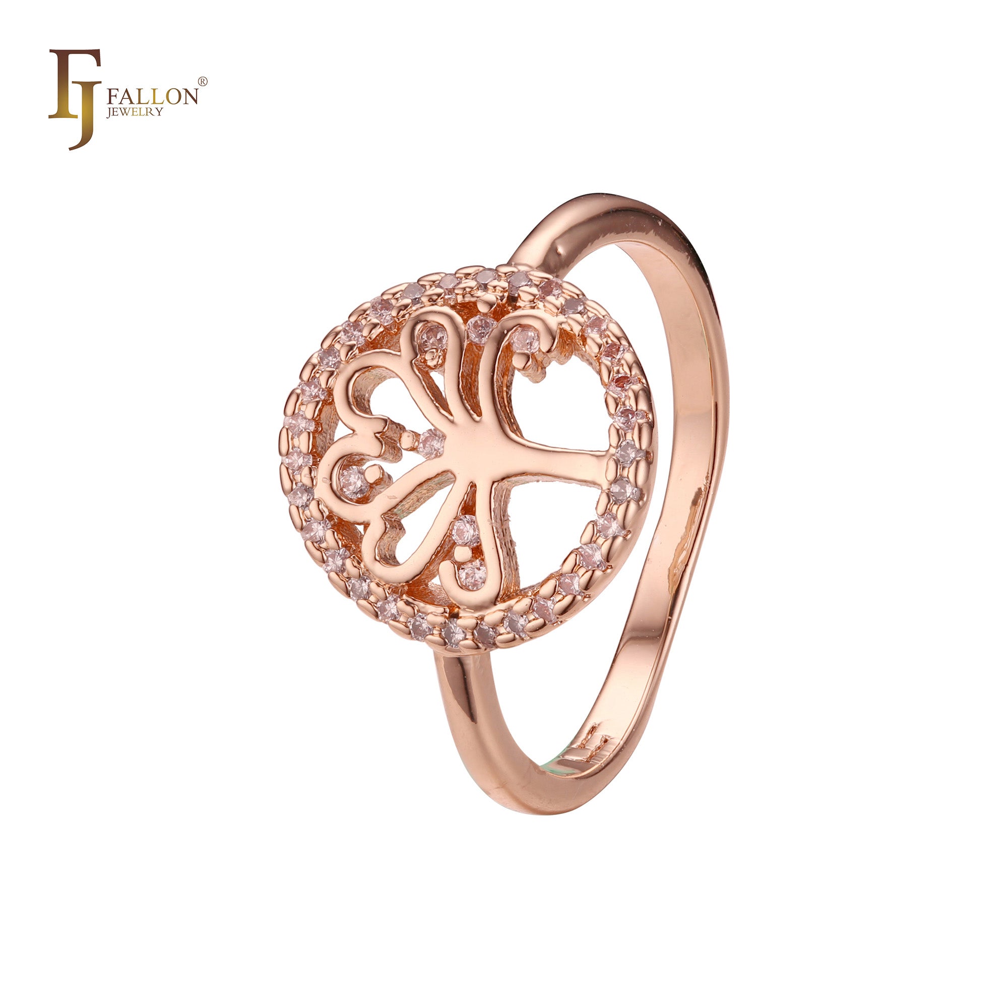 Árvore da vida com zircônias cúbicas brancas pavimentadas em ouro 14K e anéis em ouro rosa