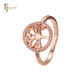 Árvore da vida com zircônias cúbicas brancas pavimentadas em ouro 14K e anéis em ouro rosa