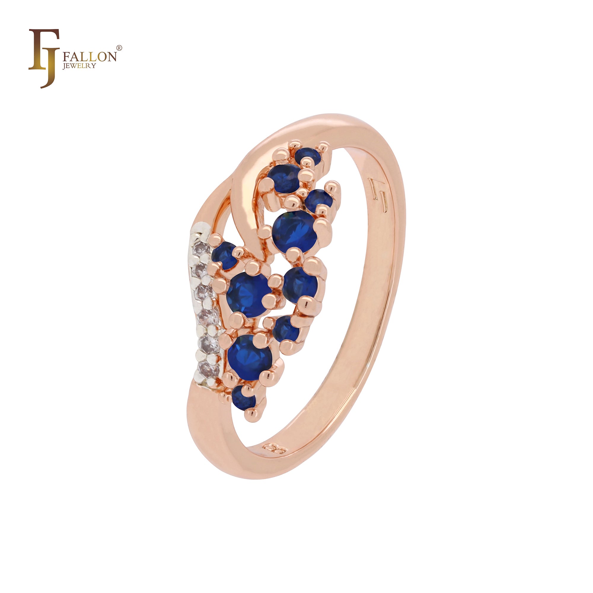 Anillos de moda en dos tonos de oro rosa con circonitas azules y blancas