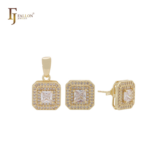 Conjunto de joias de ouro 14K com zircônias cúbicas brancas quadradas e halo duplo com pingente