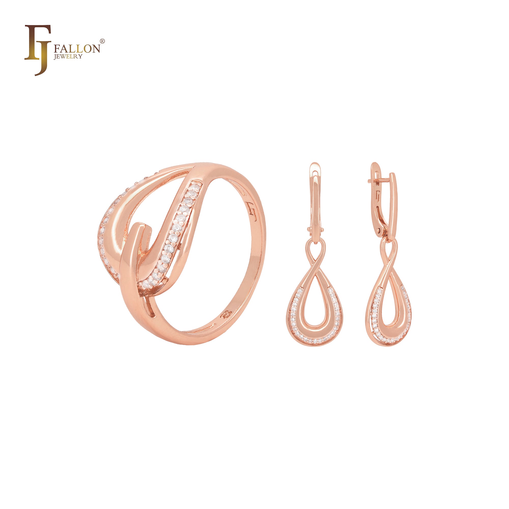 Conjunto de joias em ouro rosa com anéis e ramos floridos de zircônias cúbicas brancas