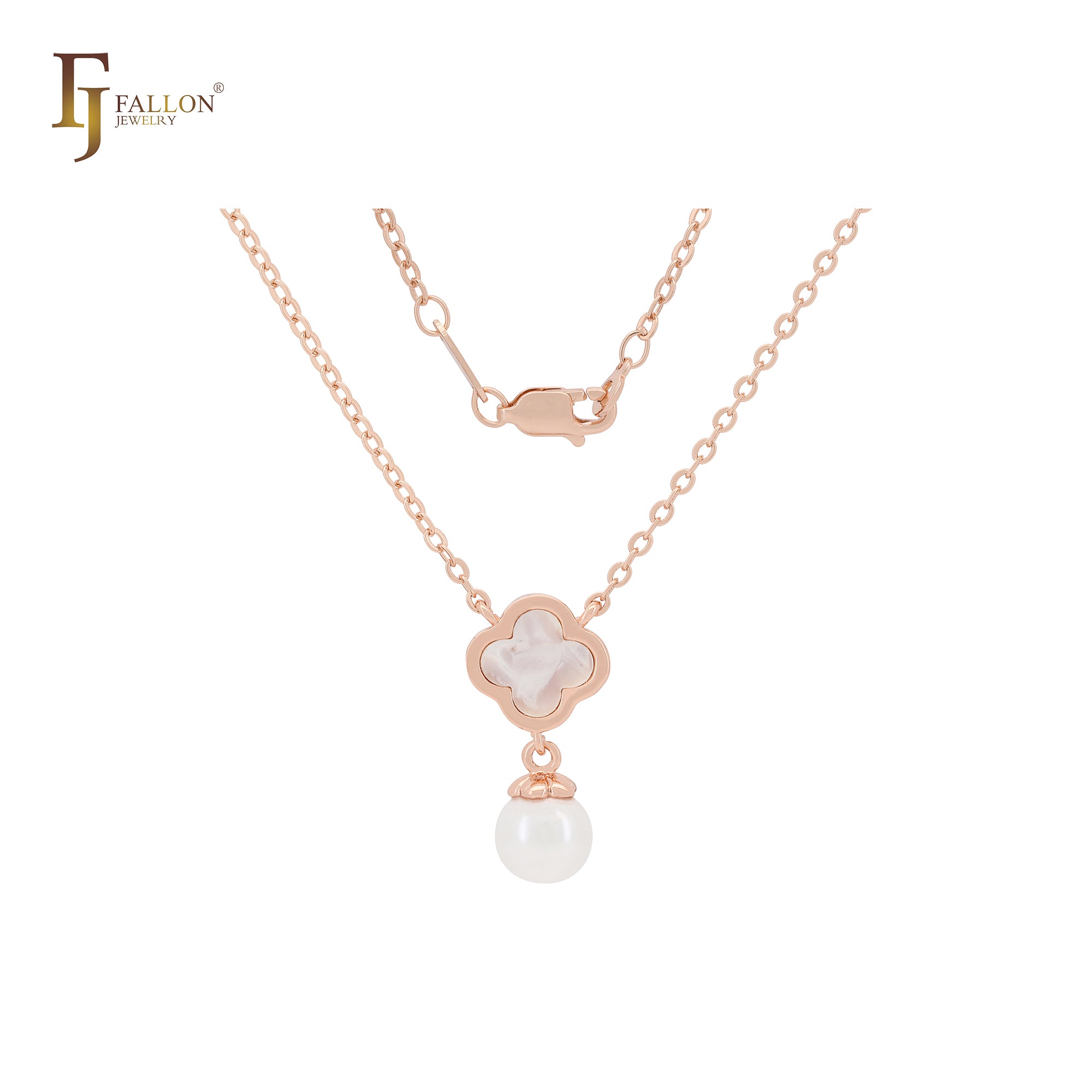 Pearl with Clover of white or Black Rose Gold Fashion Necklace