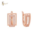Rectangular Geometric Halo white CZs 14K Gold, Rose Gold Russian Lock Earrings