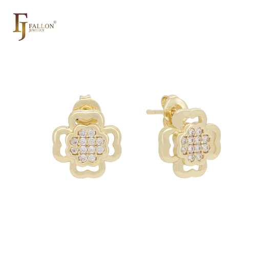 Petit tiny Clover shape white CZs cluster 14K Gold Stud earrings