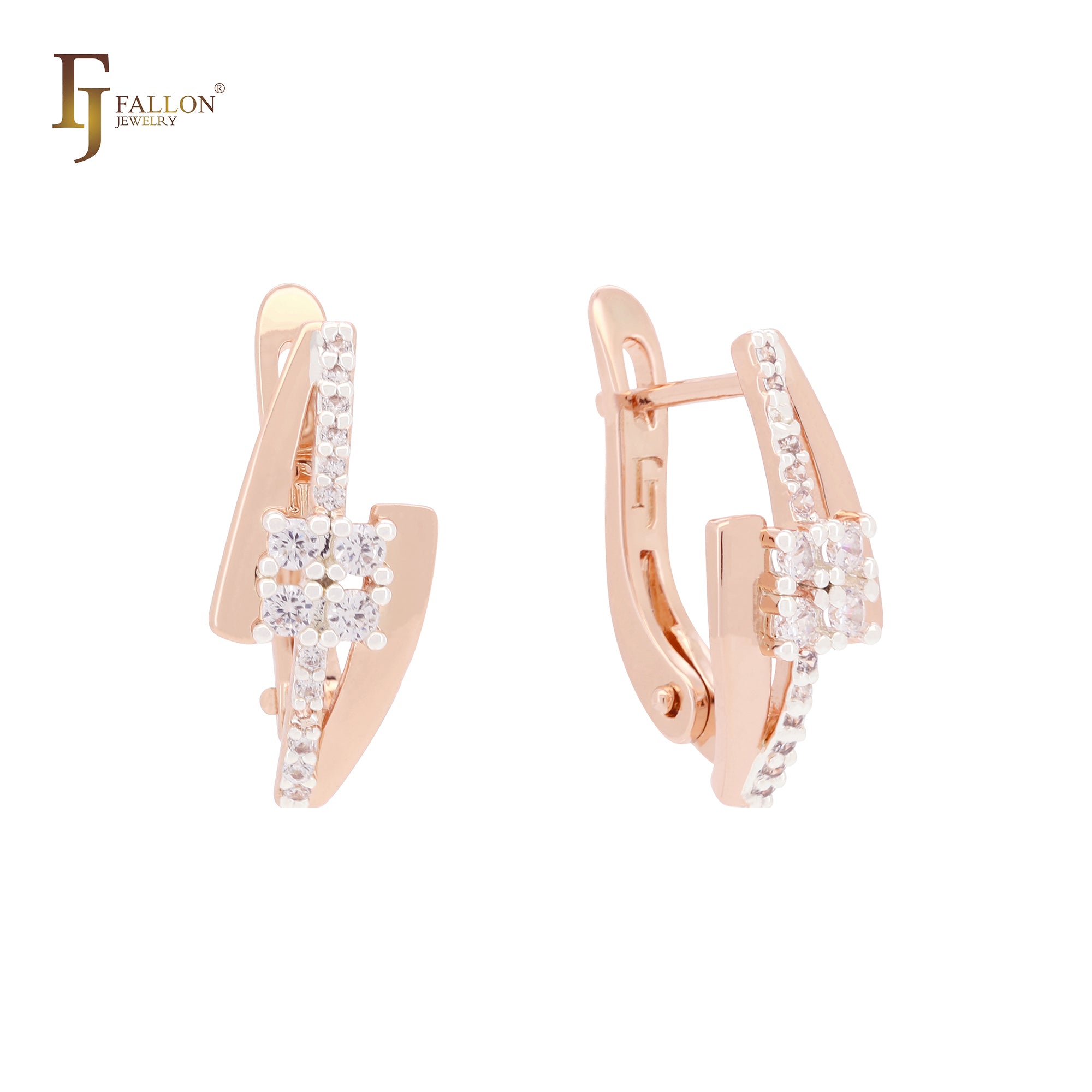 Lightning sign of white CZs Rose Gold two tone Russian Lock Earrings