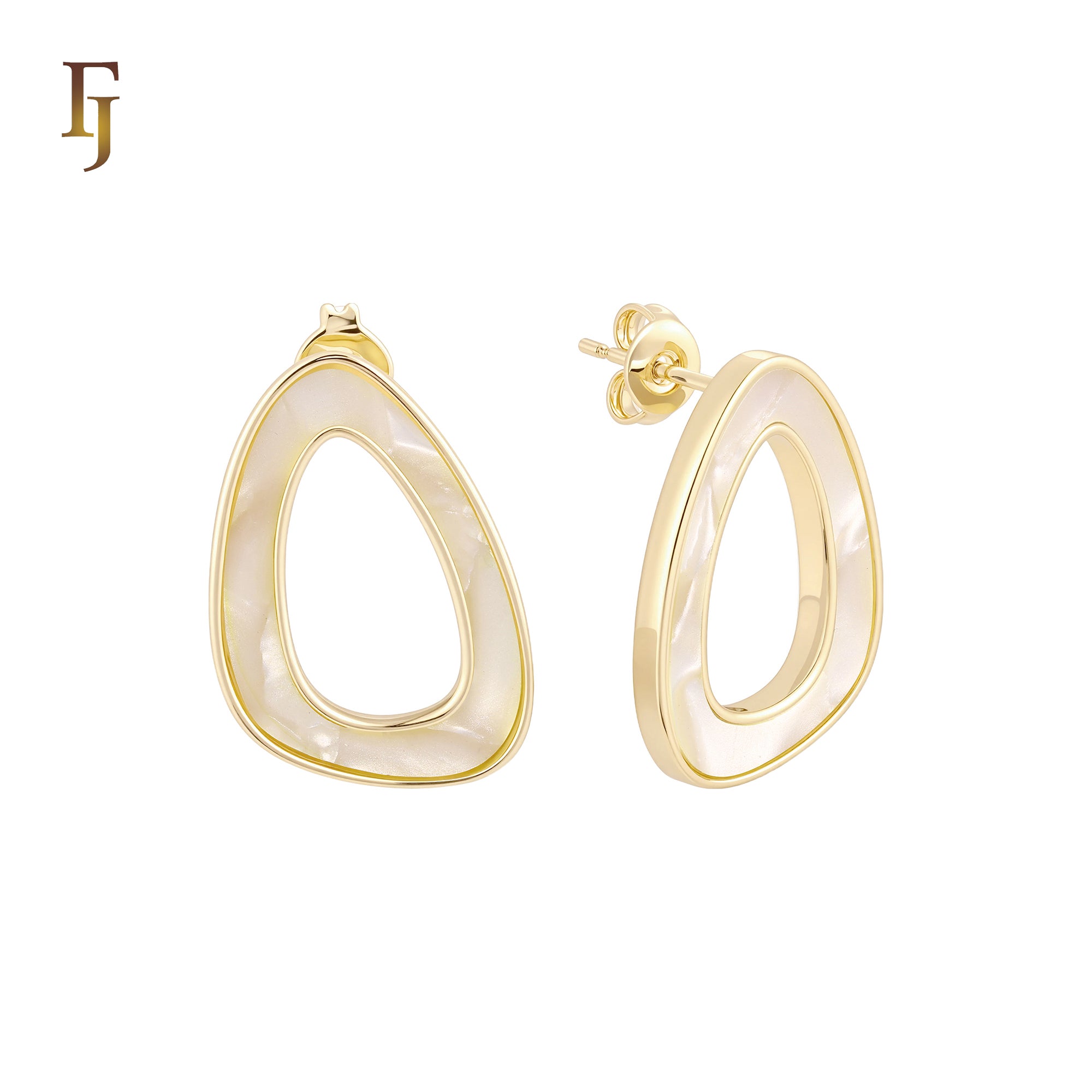 Irregular Hollow rounded shaped of Black or White Onyx 14K Gold, Rose Gold Stud Earrings