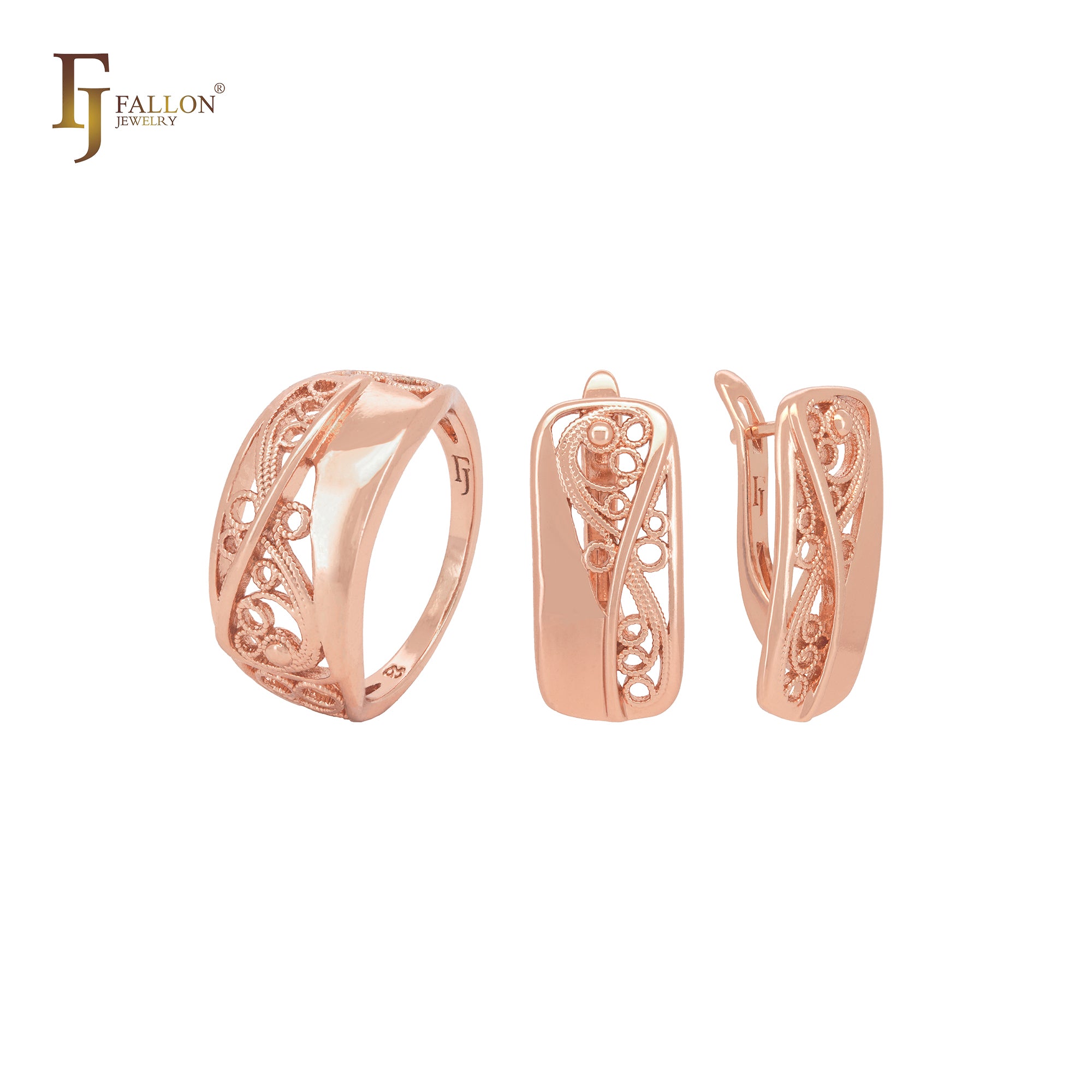 Conjunto de joias da moda em ouro rosa com meia filigrana cruzada e anéis