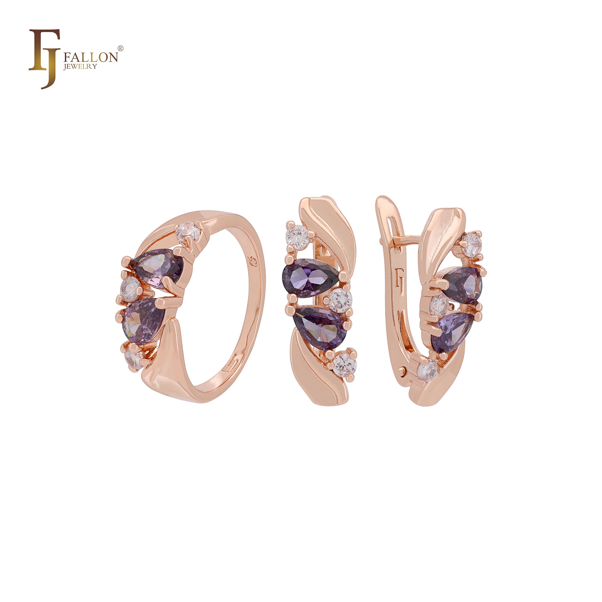 Leaves of mixed purple white CZs cluster Rose Gold Jewelry Set with Rings