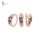 Leaves of mixed purple white CZs cluster Rose Gold Jewelry Set with Rings