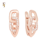 Buckle linked white CZs Rose Gold Russian Lock Earrings