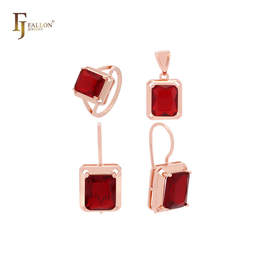 Conjunto completo de joyas de oro rosa 585 con solitario de circonita cúbica cuadrada roja grande, anillos y colgante