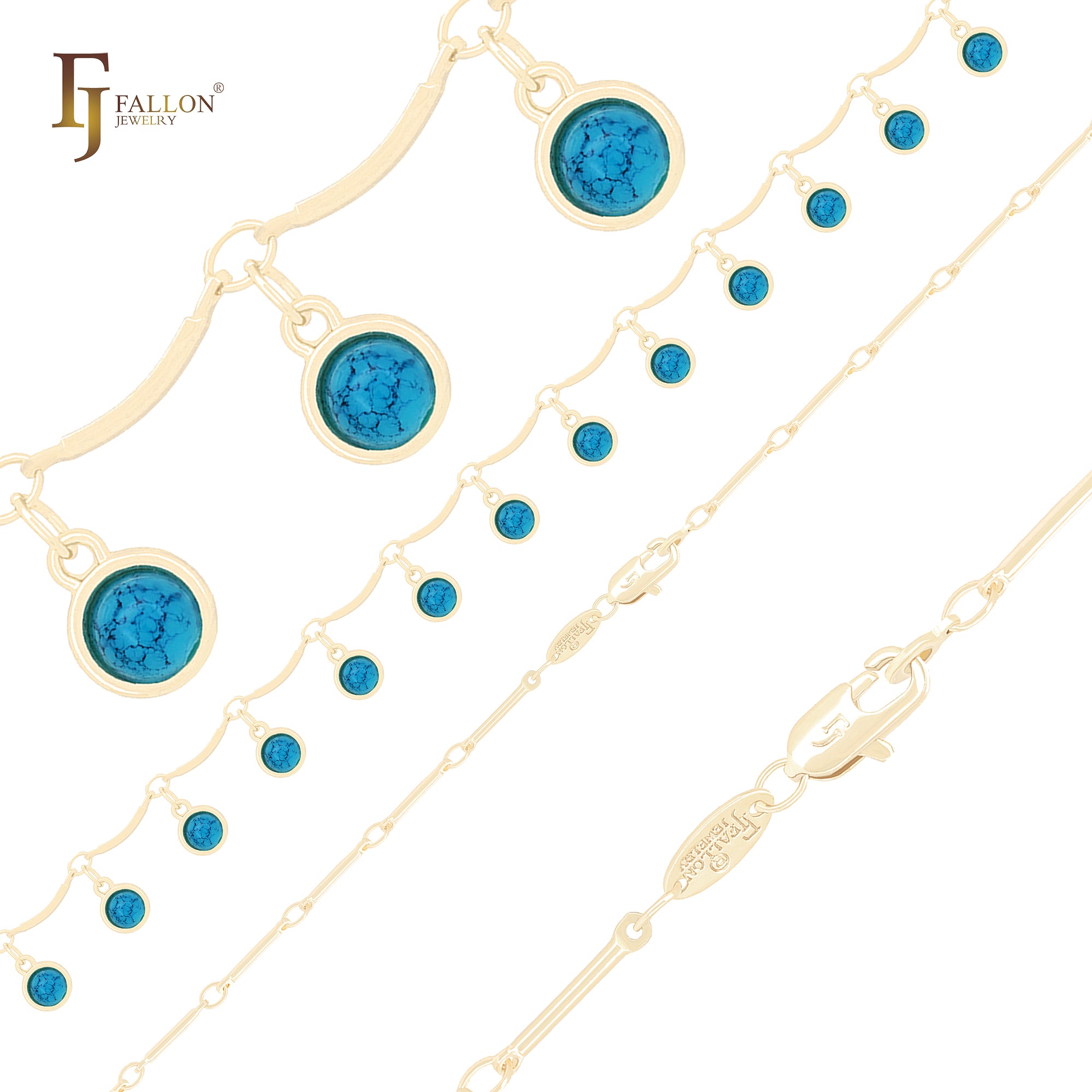 Turquoise cluster drop fancy link 14K Gold Chain Anklet Bracelets