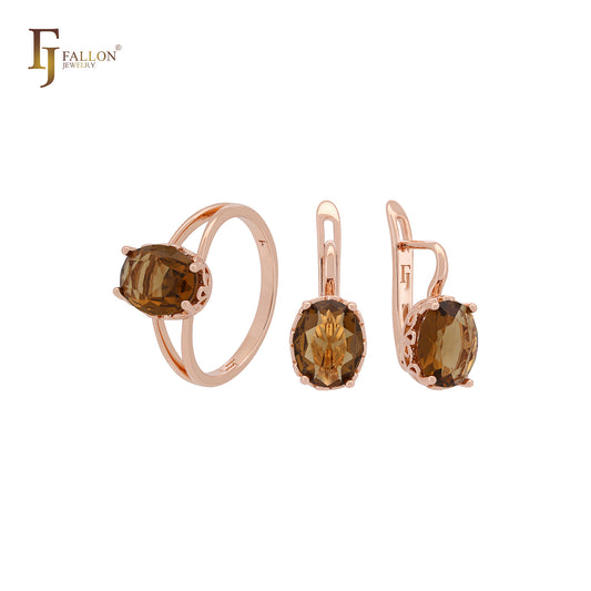 Clawed Solitaire Coffee CZ Oval Rose Gold Jewelry Set with Rings