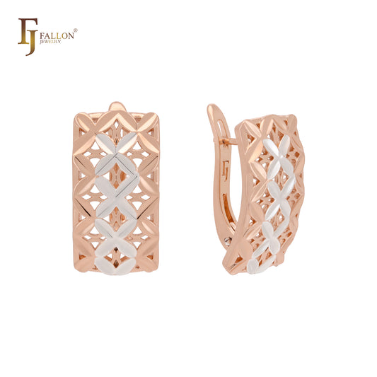Thousand star leafing engraved leaves mesh Rose Gold two tone Russian Lock Earrings