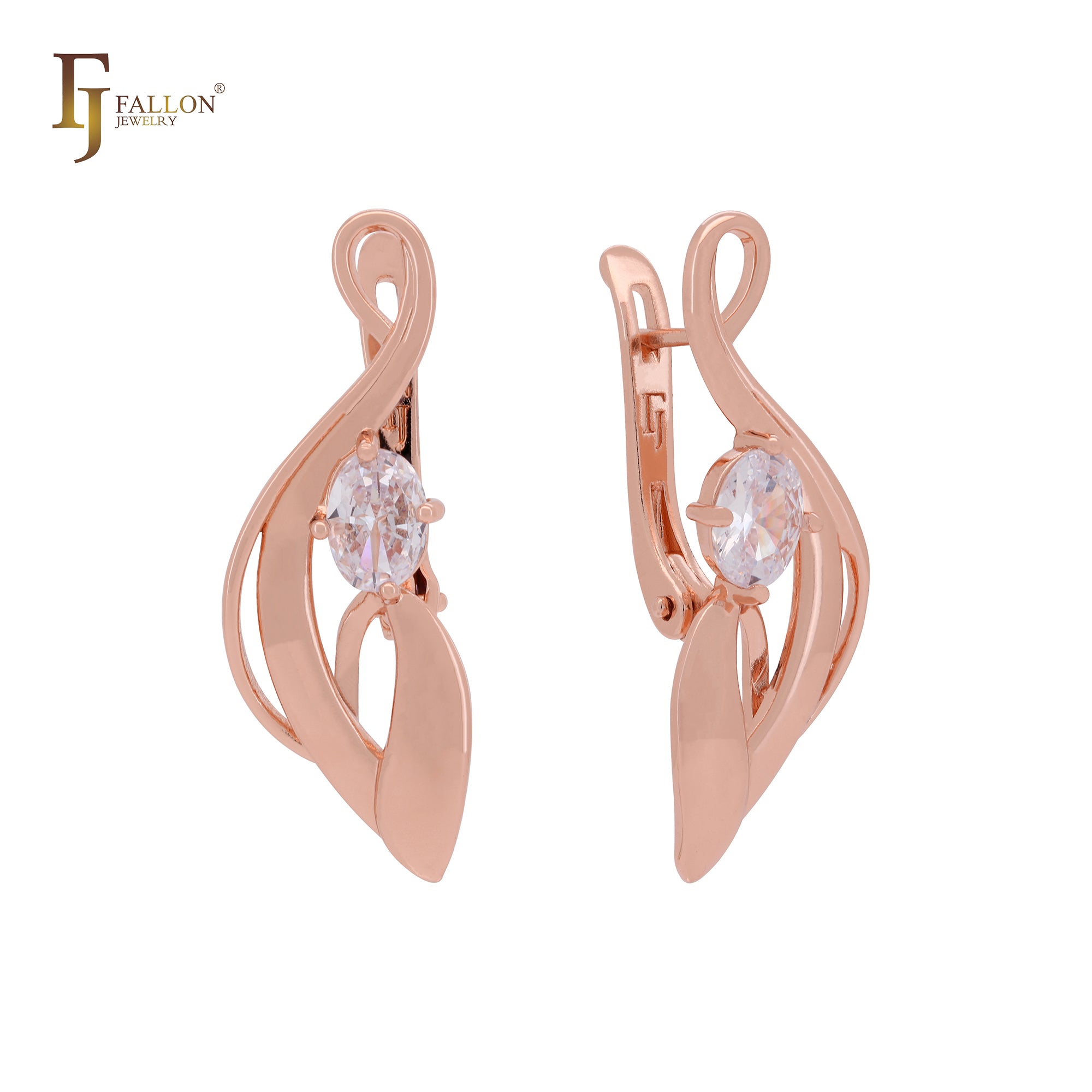 Elegant ribbon of oval white CZ solitaire Rose Gold Russian Lock Earrings