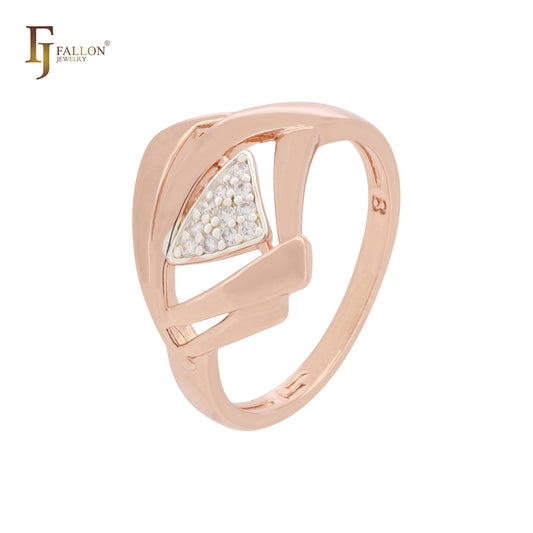 Geometrisches Design mit dreieckigen weißen Zirkonia-Steinen, zweifarbige Moderinge aus Roségold
