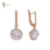 Halo Giant Rounded White Solitaire CZ Rose Gold two tone Russian Lock Earrings