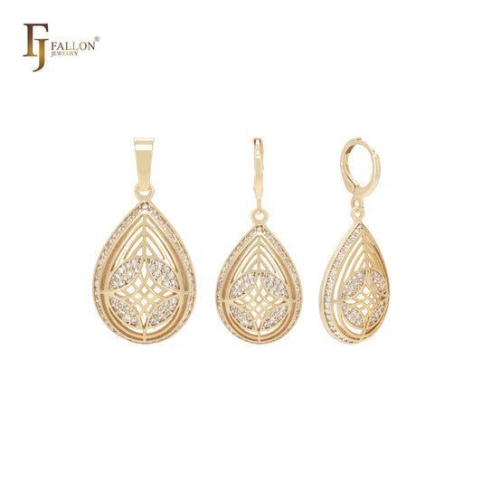 Conjunto de joias de ouro 14K com pingente e filigrana em formato de pêra e zircônias cúbicas brancas