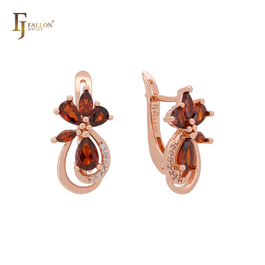 Cluster Red Czs Blooming Flower Rose Gold Clip-On Earrings