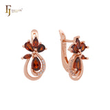 Cluster Red Czs Blooming Flower Rose Gold Clip-On Earrings