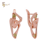 Double crossing triangular geometric with Olive green czs Rose Gold Russian Lock Earrings