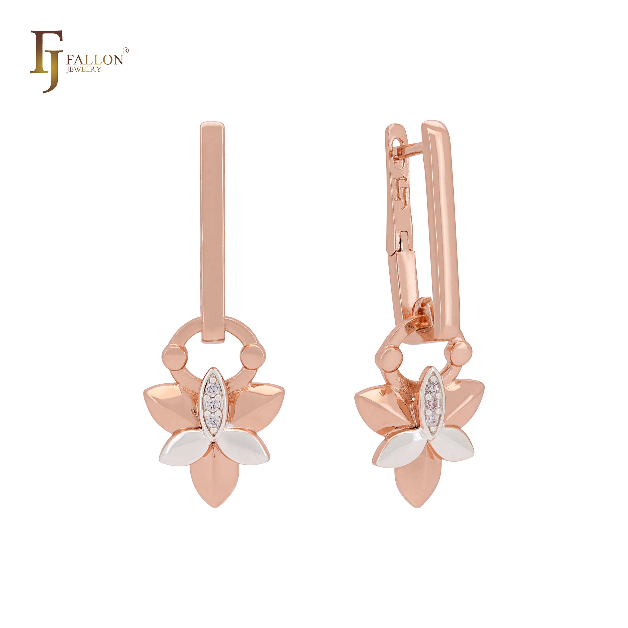 Double crosses of clover leaves flower Rose Gold two tone Russian Lock Earrings