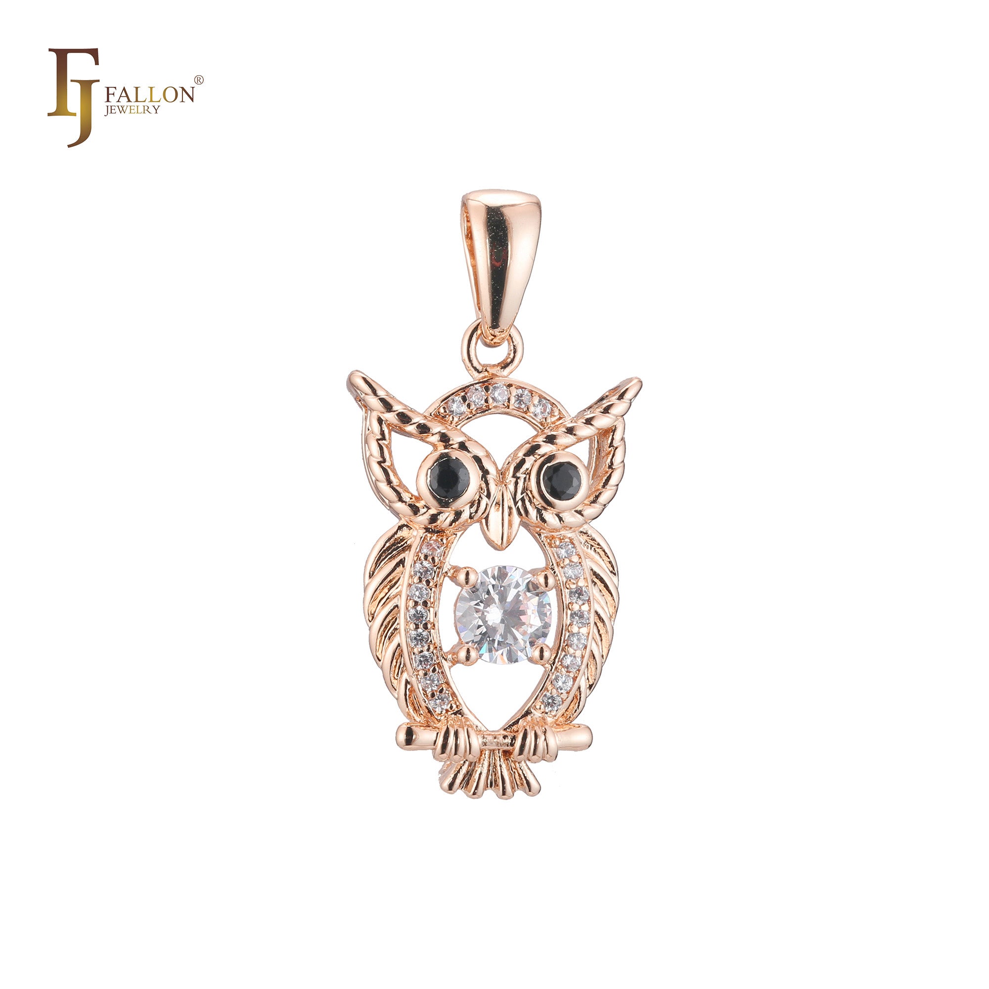 Owl animal pendant in 14K Gold, Rose Gold, 18K Gold plating colors