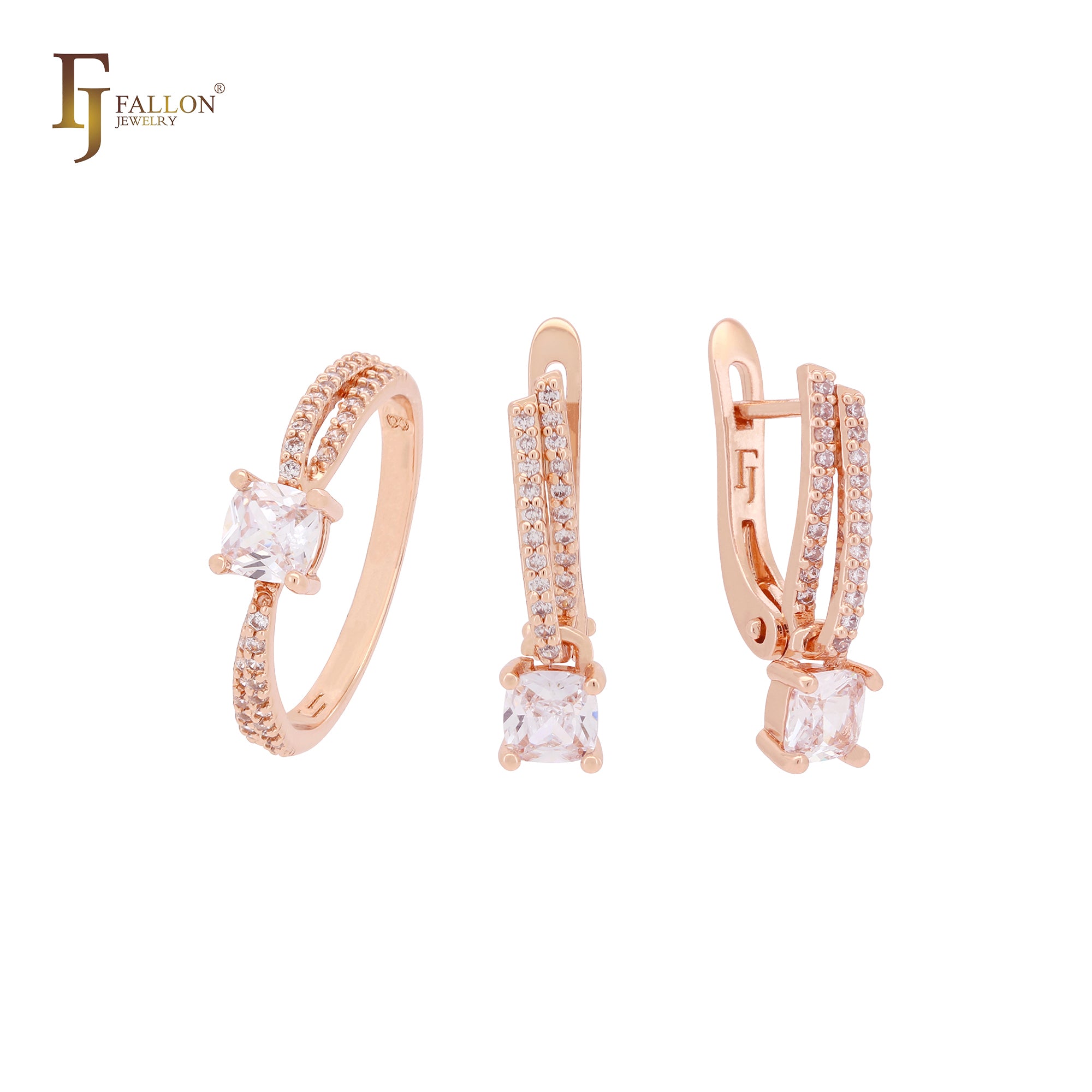 Conjunto de joias elegantes com zircônias cúbicas brancas e zircônias cúbicas brancas pavimentadas em ouro rosa com anéis