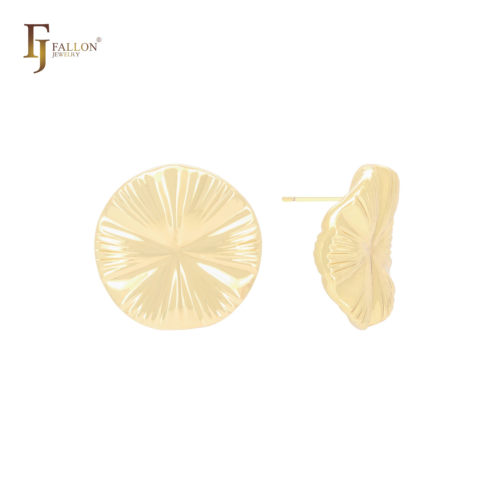 Pendientes de botón con forma de hoja de loto irregular en oro de 14 quilates, oro rosa y oro blanco.