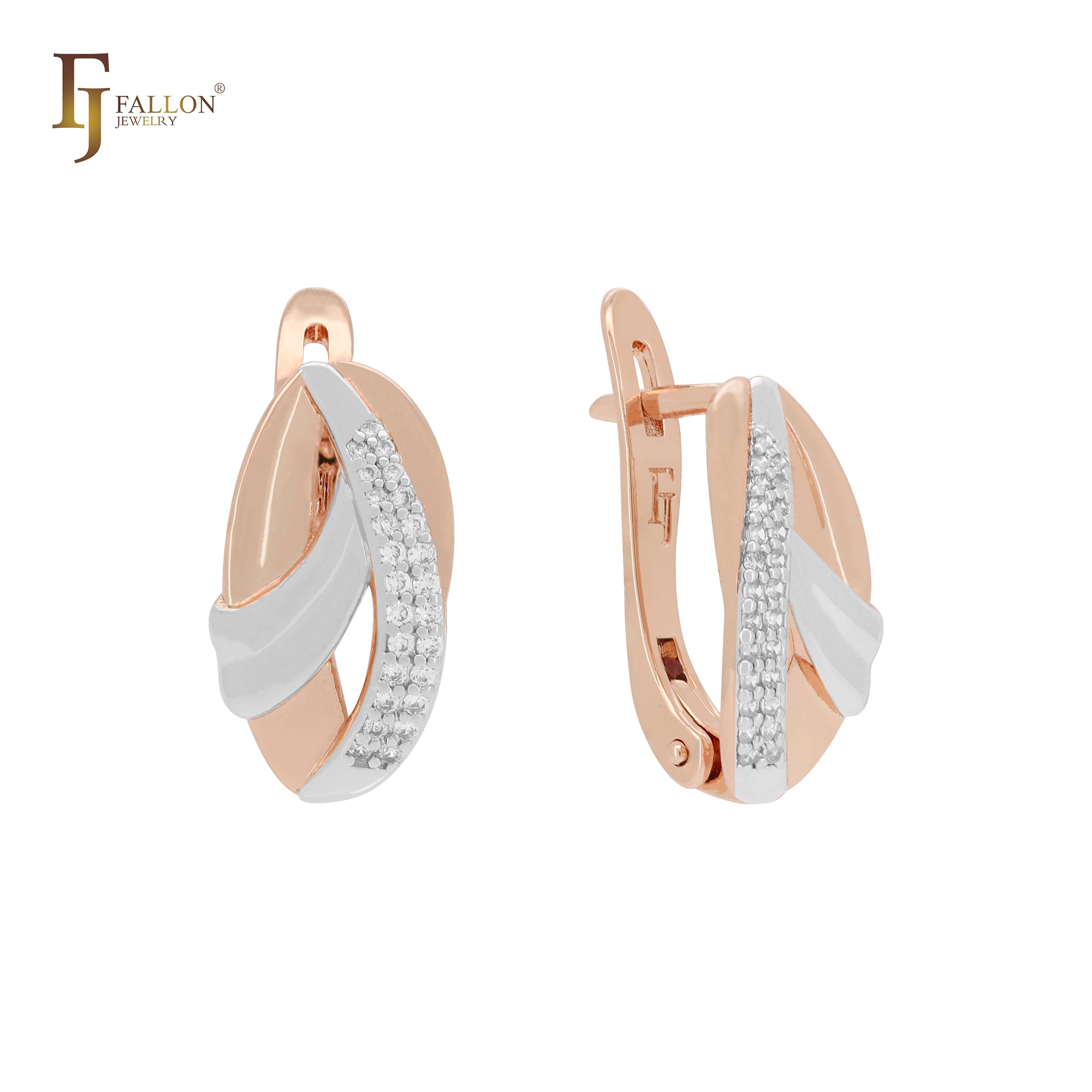 Ribbons overlapped cluster white CZs 14K Gold, Rose Gold two tone Russian Lock Earrings