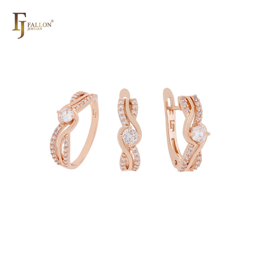 Twisted Ribbon of white CZs Rose Gold Jewelry Set with Rings