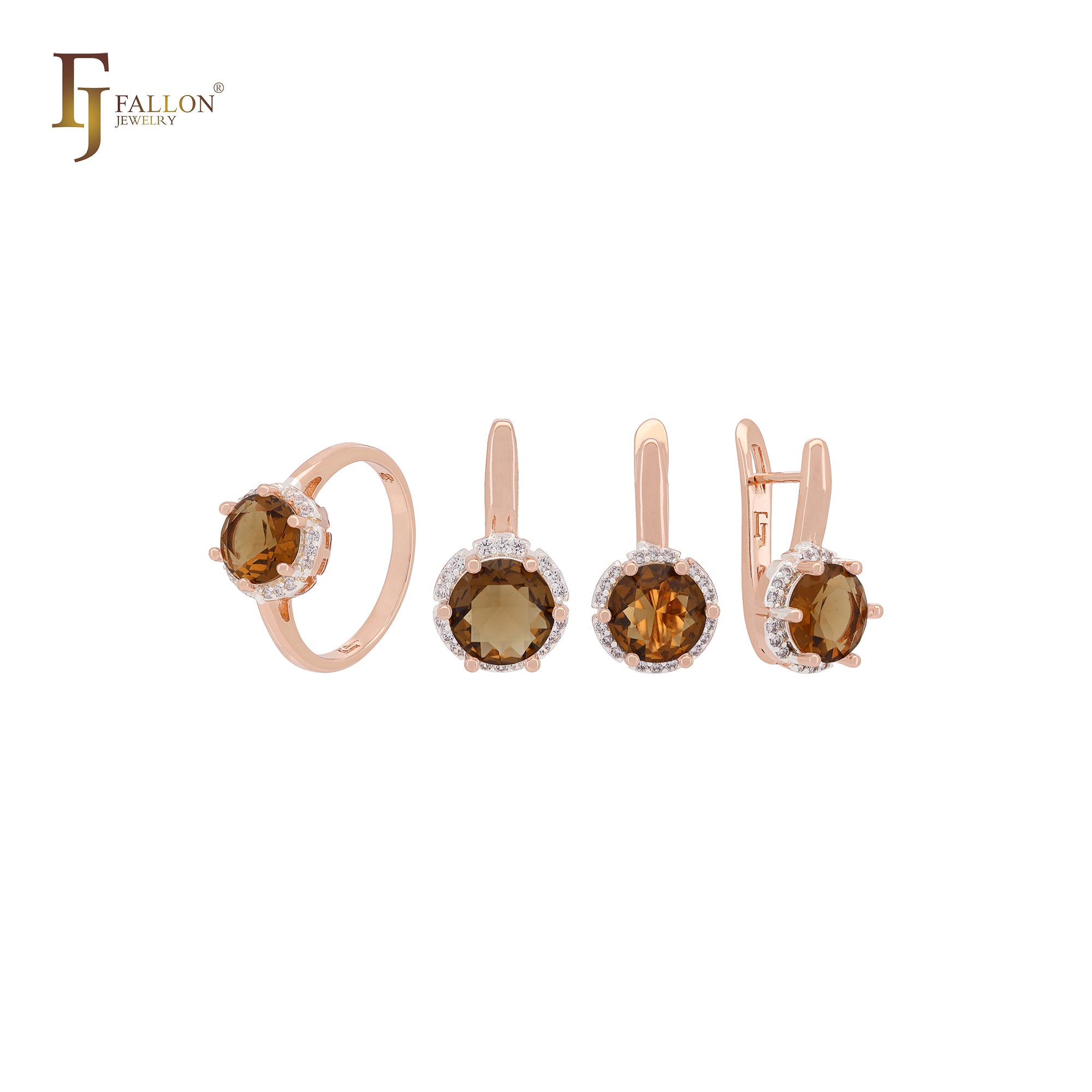 Solitaire Halo Big Rounded Colorful CZ Rose Gold two tone Jewelry Set with Rings and Pendant