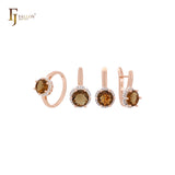 Solitaire Halo Big Rounded Colorful CZ Rose Gold two tone Jewelry Set with Rings and Pendant