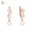 Butterfly and heart of white CZs and Pearl Rose Gold two tone Russian Lock Earrings