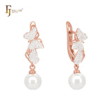 Butterfly and heart of white CZs and Pearl Rose Gold two tone Russian Lock Earrings