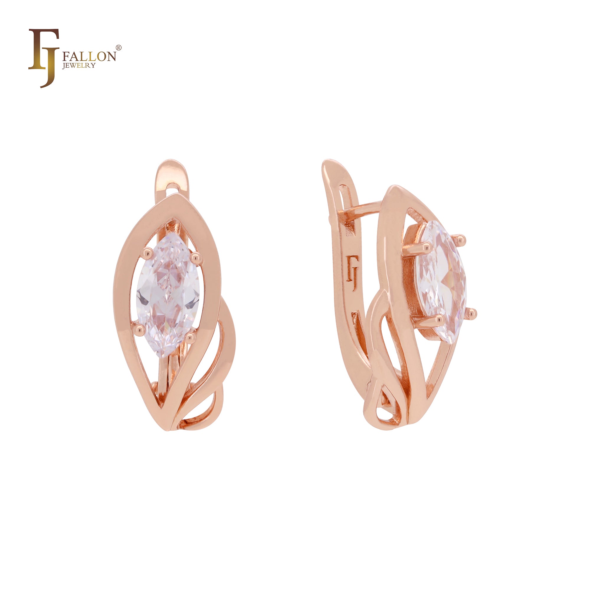 Solitaire Marquise White CZs minimalism 14K Gold Russian Lock Earrings