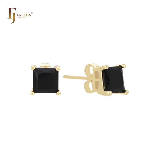 Brincos de pino solitários quadrados coloridos em ouro 14K com zircônia cúbica