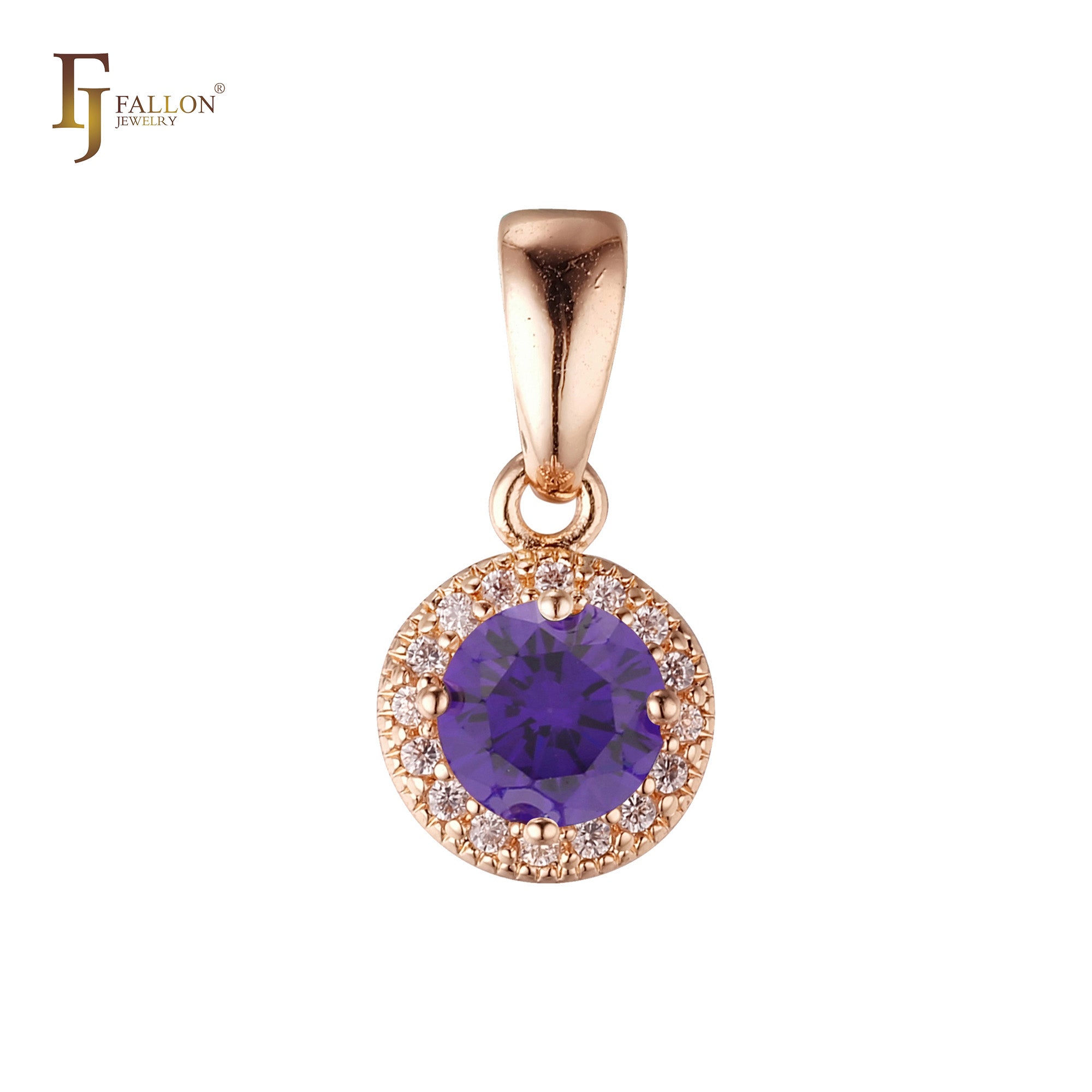 Solitaire halo colorful CZs 14K Gold, Rose Gold pendant