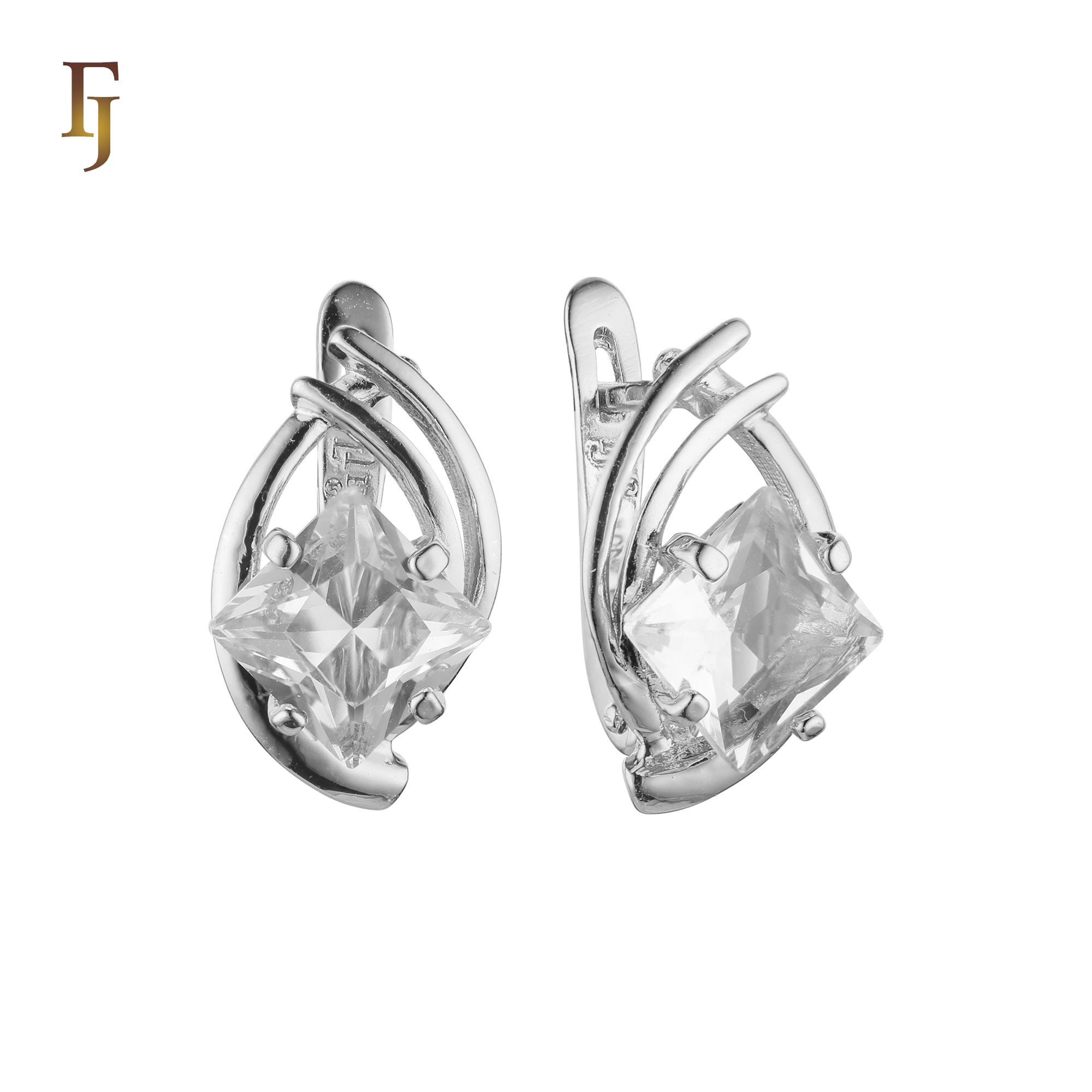 ソリティア ロンバスカット カラフル CZ ホワイトゴールド、ローズゴールド イヤリング