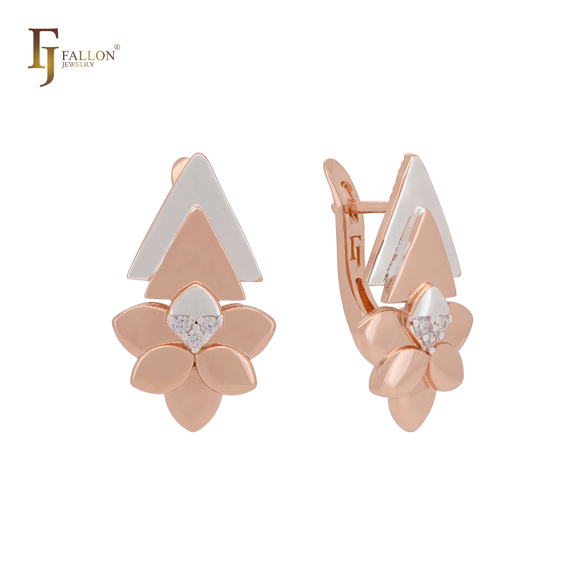 Double triangular on clover flower white CZs Rose Gold two tone Russian Lock Earrings